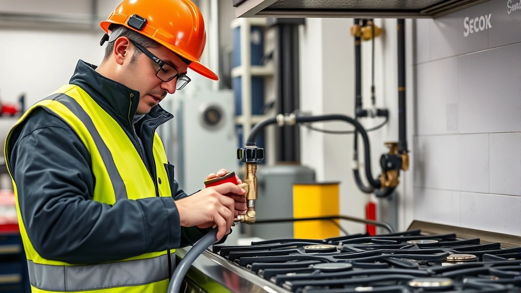 Certified technician in safety gear inspecting gas cooker connections with diagnostic tools, professional workshop environment, clear focus on gas valve components and hoses