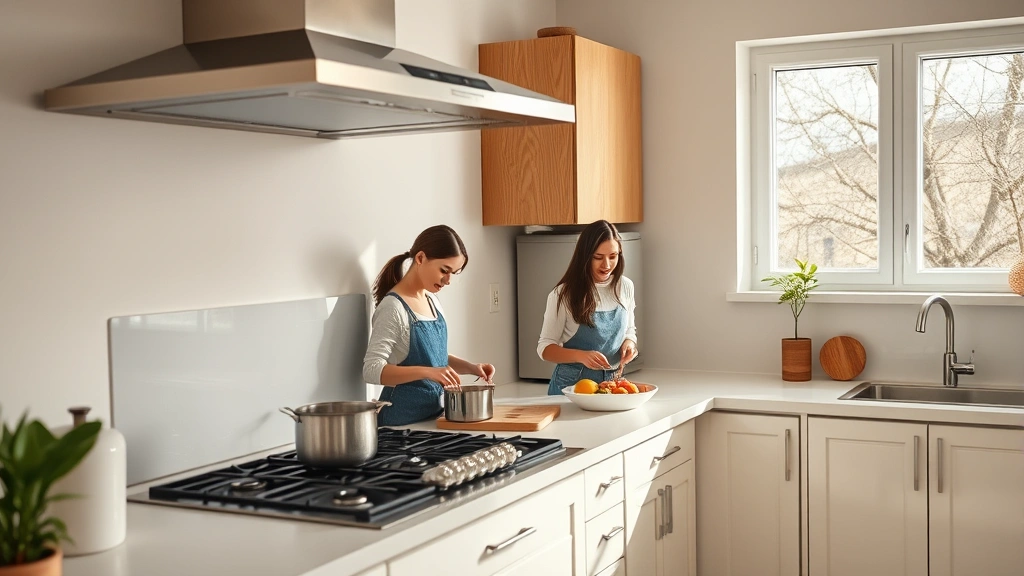 Clean modern kitchen with gas cooker in use, family cooking together, natural light from windows, well-ventilated space with range hood, warm sustainable home atmosphere