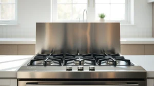 Stainless steel gas stovetop with protective cover in modern minimalist kitchen, natural daylight streaming through windows, no text or labels visible
