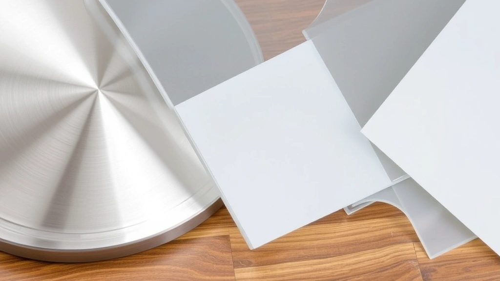 Close-up of different cooker cover materials arranged on wooden surface: polished stainless steel, clear glass, and silicone samples, showing material textures and finishes