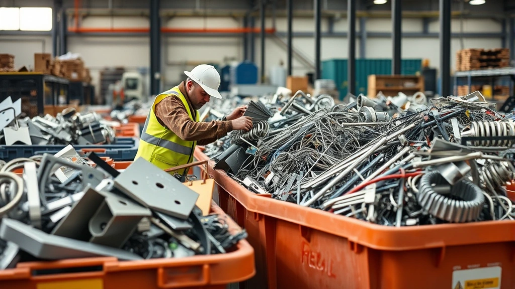 Recycling center worker sorting metal materials including stainless steel items into collection bins, industrial facility setting with natural lighting