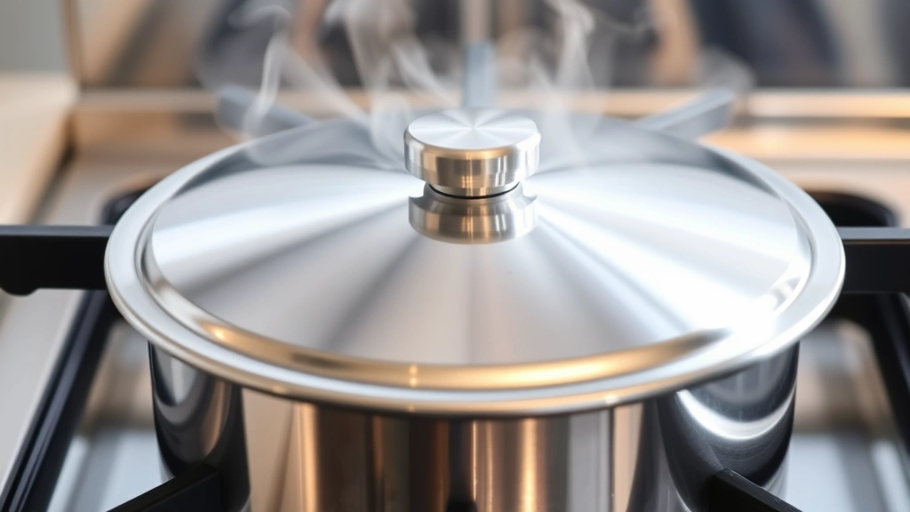 Stainless steel gas cooker cover reflecting flames over a pot of boiling water, modern kitchen with natural lighting, steam rising, close-up detail showing reflective surface properties and heat direction