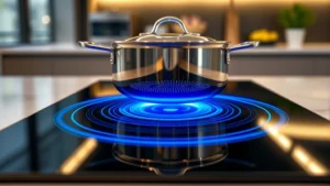 Close-up of professional induction cooktop with blue electromagnetic field visible beneath cookware, modern kitchen setting, sustainable technology showcase, nobody