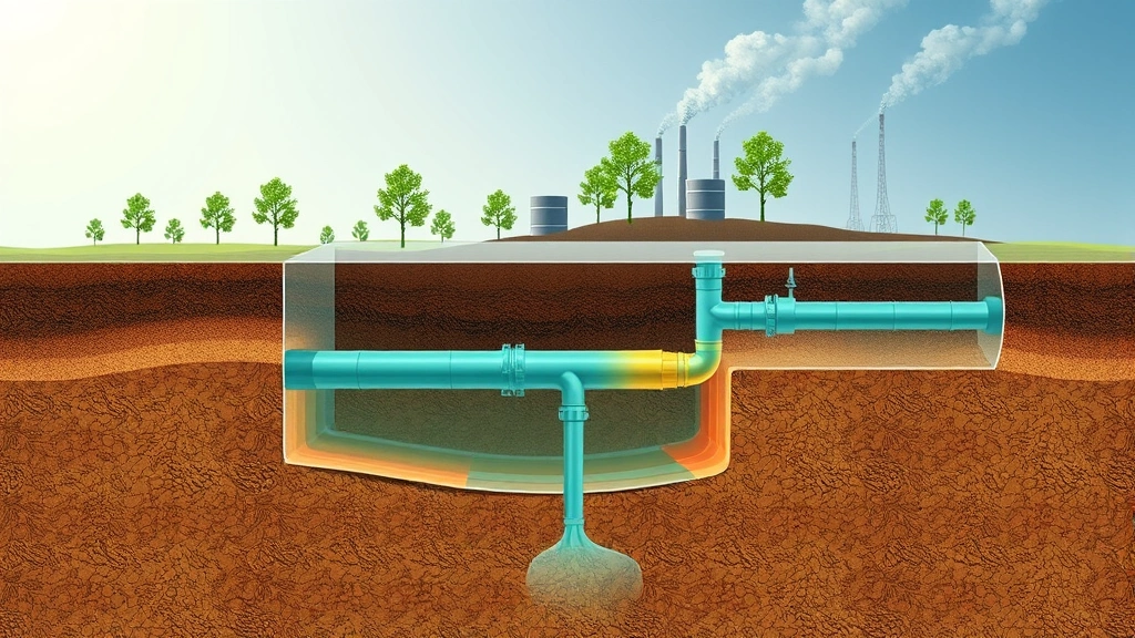Transparent cutaway diagram showing natural gas pipeline infrastructure underground with methane molecules escaping, environmental impact visualization, scientific illustration style