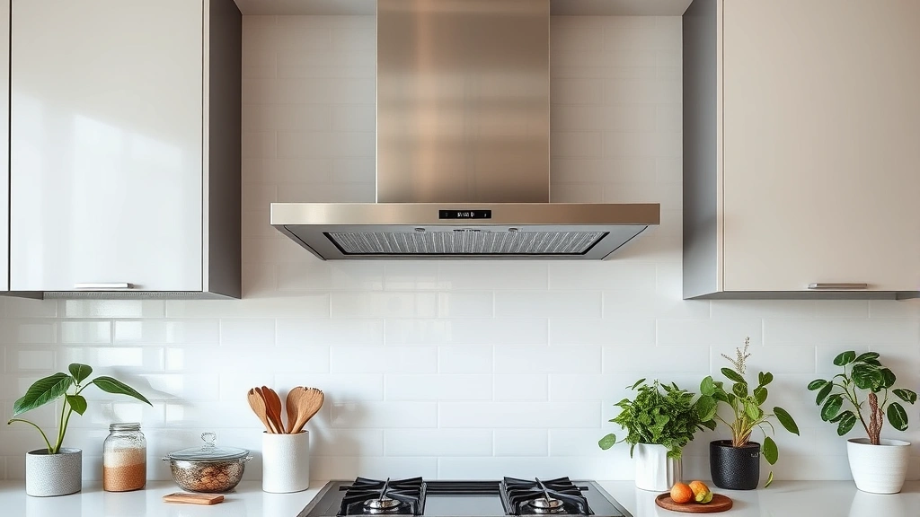 Contemporary kitchen ventilation system with integrated rangehood above electric cooktop, modern stainless steel design, kitchen plants and green elements visible, sustainable home interior, natural lighting, no signage or text visible
