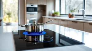 Modern kitchen with sleek induction cooktop in stainless steel, showing blue electromagnetic coils glowing beneath cookware, minimalist design, natural daylight from window, sustainable home aesthetic