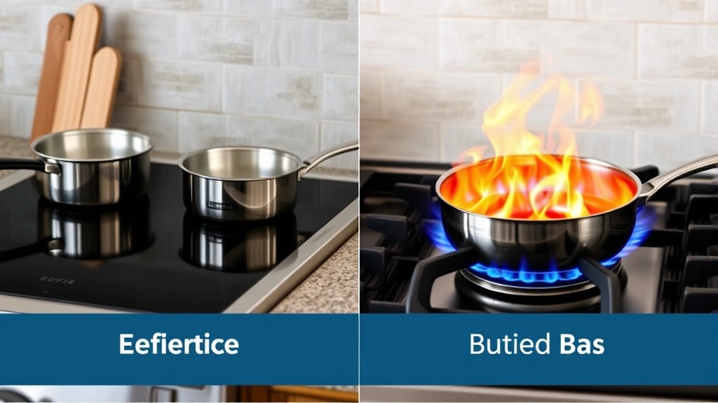 Side-by-side comparison kitchen scene showing electric cooktop on left and traditional gas burner on right, both in use with cookware, highlighting efficiency and environmental differences