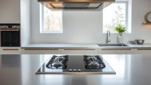 Modern kitchen with sleek integrated downdraft gas cooktop, stainless steel surface, minimalist design, natural lighting from window, no text or labels visible, contemporary home interior aesthetic