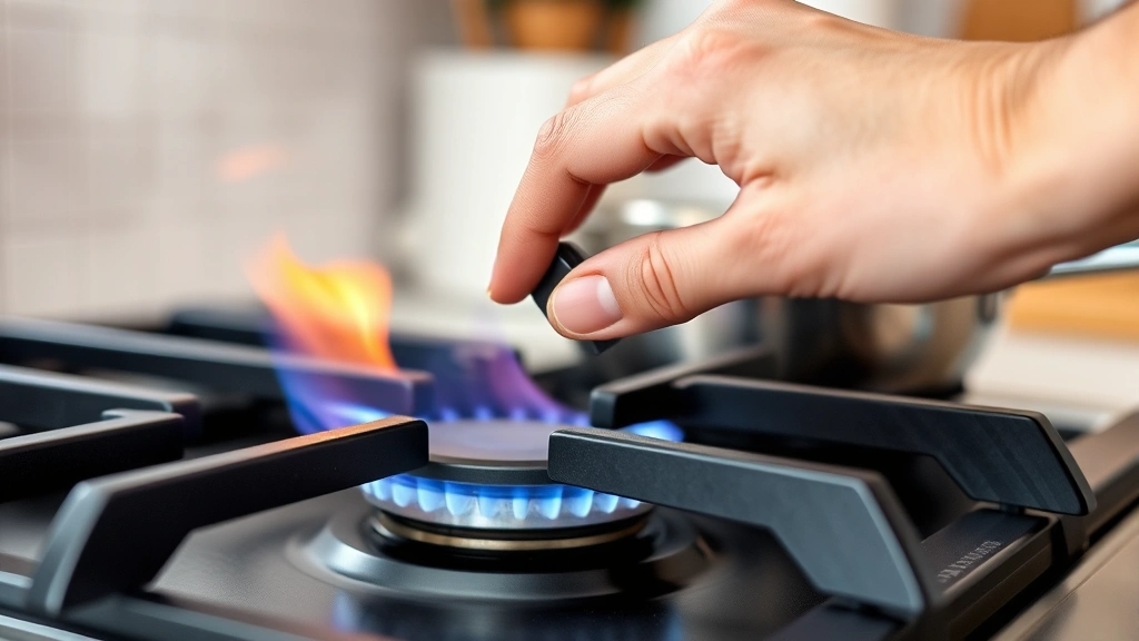 Hands adjusting temperature dial on gas cooktop burner, showing flame adjustment, close-up cooking action, natural kitchen lighting, demonstrating cooking technique without visible text or labels