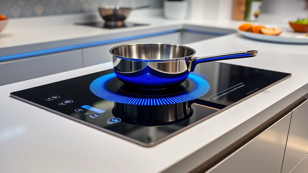 Modern induction cooktop with blue electromagnetic glow under cookware, sleek kitchen background, professional food preparation scene, sustainable kitchen technology