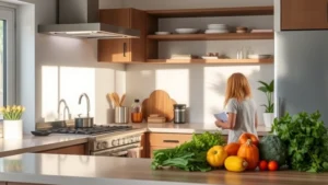 Modern kitchen with stainless steel gas stove and fresh vegetables on counter, natural light streaming through window, sustainable home aesthetic, no text or labels visible