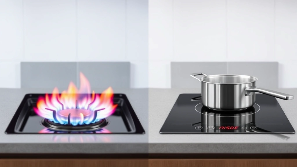 Split-screen comparison showing gas flame burner on left side and induction cooktop on right side, both actively cooking with pots, minimalist kitchen background, photorealistic