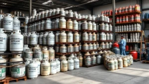Industrial propane and butane gas cylinders stacked in a recycling facility with workers sorting metal containers, natural lighting, concrete floor, organized storage