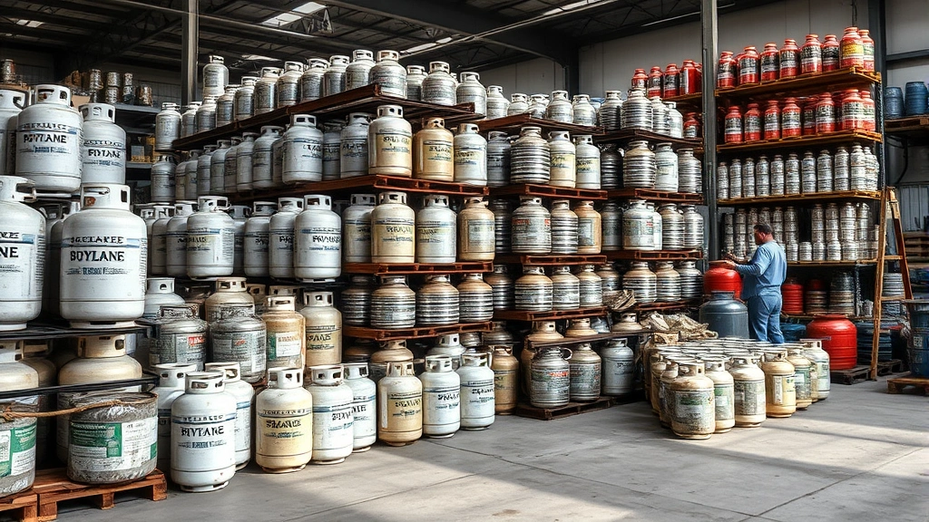 Industrial propane and butane gas cylinders stacked in a recycling facility with workers sorting metal containers, natural lighting, concrete floor, organized storage