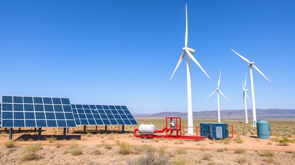 Renewable energy infrastructure comparison scene showing solar panels and wind turbines beside traditional gas distribution equipment, vast landscape, clear sky, no text or labels