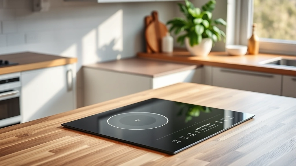 Modern electric induction cooktop in contemporary kitchen with sustainable wood countertops, next to a potted green plant, warm natural light through window, eco-friendly aesthetic