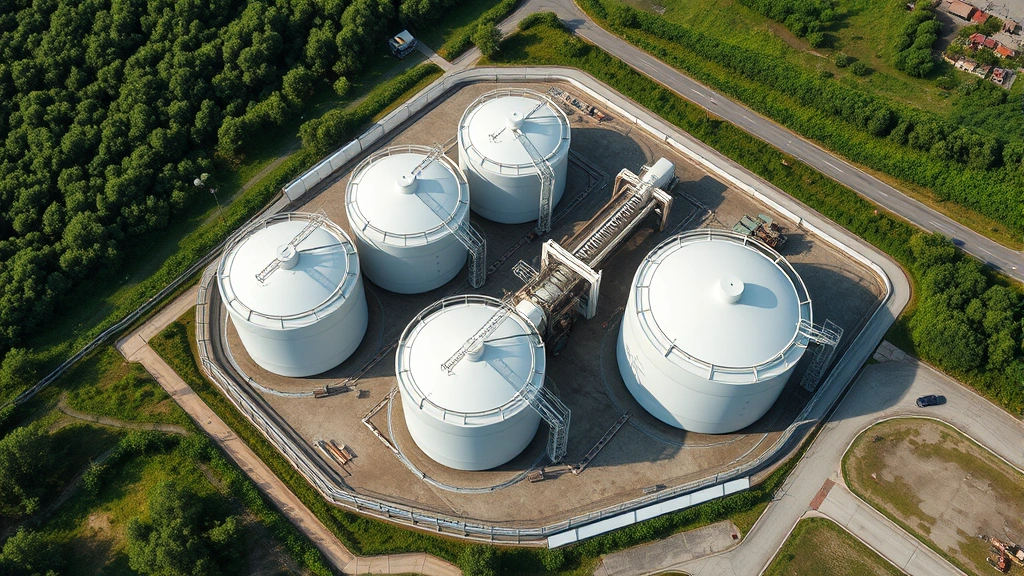Aerial view of industrial gas storage facility with multiple large cylindrical tanks surrounded by green landscape and safety barriers, natural lighting, realistic industrial setting