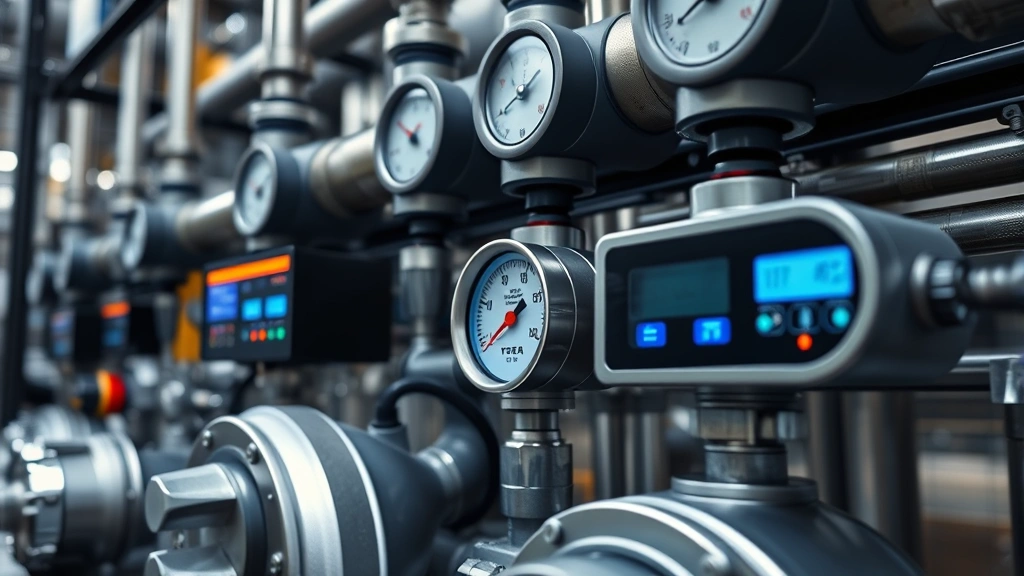 Close-up of advanced vapor recovery system equipment with digital monitoring displays and pressure gauges on gas depot infrastructure, modern technology visible