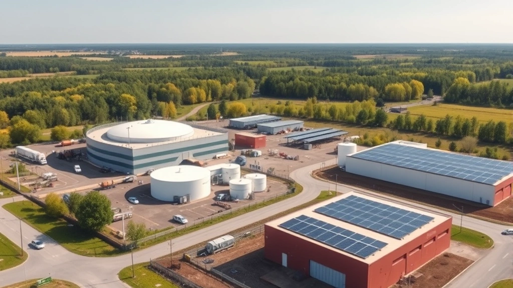 Wide landscape showing gas depot facility integrated into industrial park with renewable solar panels on nearby buildings, trees visible in background, sustainable infrastructure approach