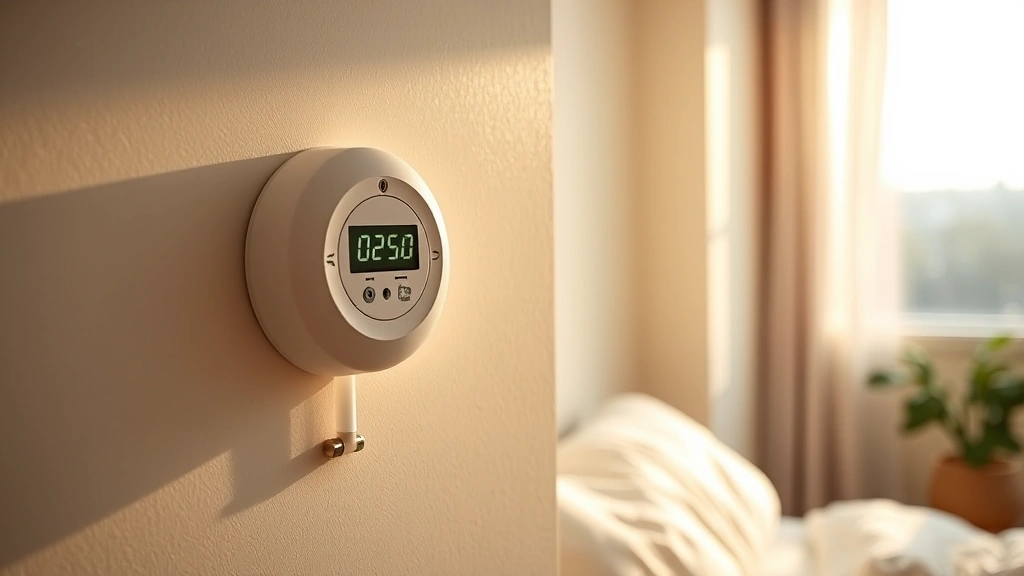 Modern hardwired carbon monoxide detector mounted on light-colored wall in residential bedroom, showing digital display screen, morning sunlight streaming through window, peaceful home environment