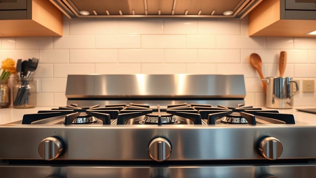 Close-up of stainless steel kitchen appliances with natural gas range burners, showing proper ventilation hood above, clean countertops, warm kitchen lighting creating safe cooking space