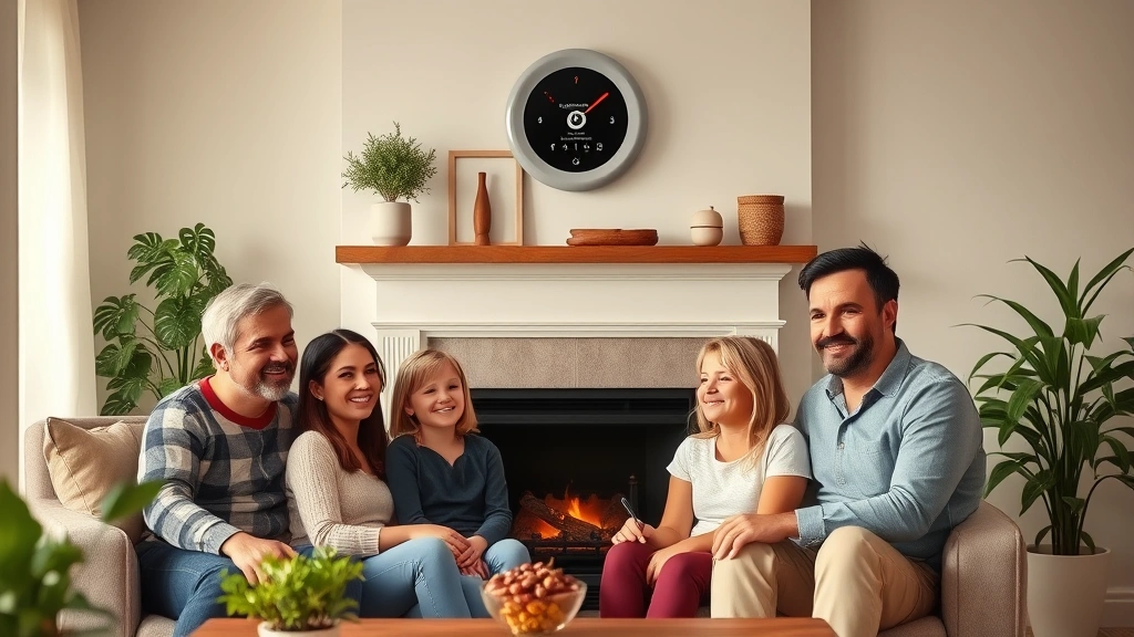 Family of four sitting together in living room with wall-mounted combination gas detector visible above fireplace mantel, comfortable home setting with plants and natural light, emphasizing household safety