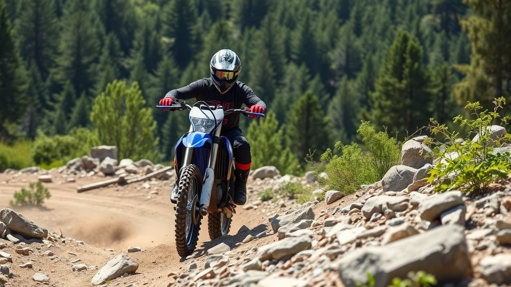 Professional motocross rider on modern dirt bike navigating rocky terrain with lush green forest backdrop, showcasing off-road adventure in natural environment, bright daylight, realistic action shot
