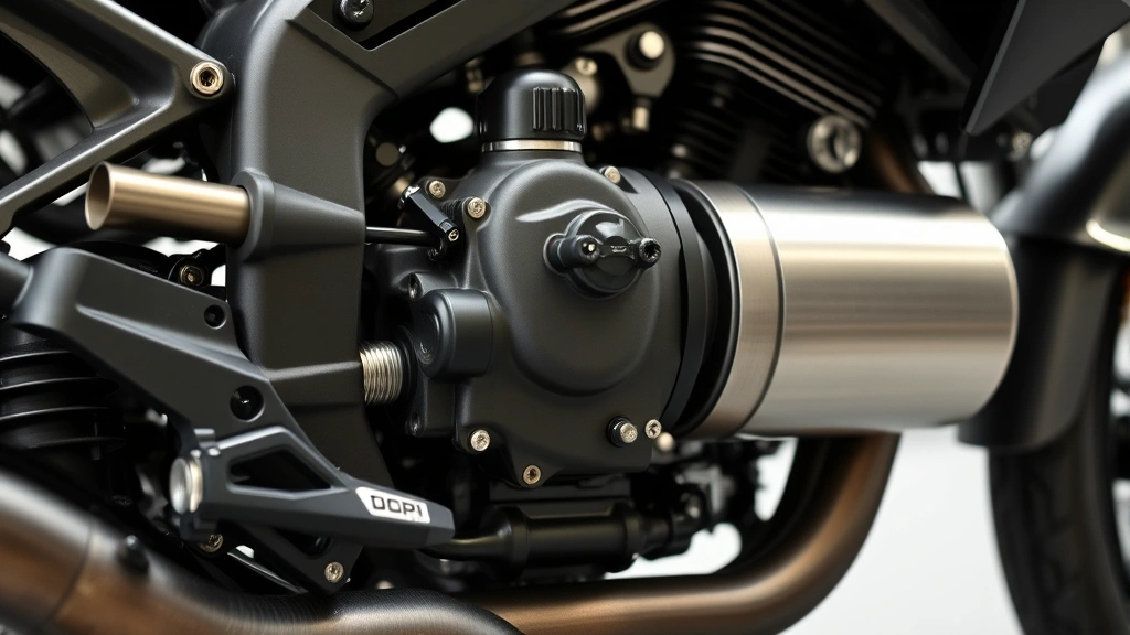 Close-up of advanced motorcycle engine with visible fuel injection system and catalytic converter components, clean industrial photography showing modern emissions-reduction technology