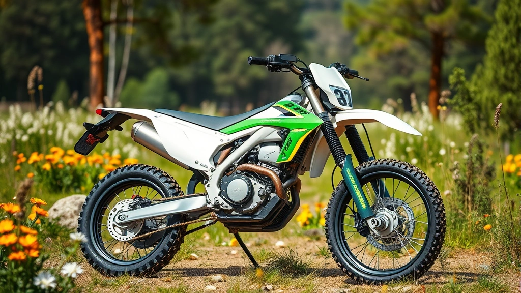 Electric dirt bike parked in natural outdoor setting with charging cable visible, surrounded by wildflowers and trees, representing sustainable recreational vehicle technology in eco-friendly context