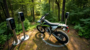 Overhead view of electric dirt bike charging at outdoor station surrounded by green forest, clean energy sustainable recreation equipment