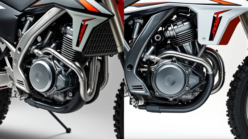 Side-by-side comparison of modern four-stroke dirt bike engine with emission control systems and clean technology components, mechanical engineering detail