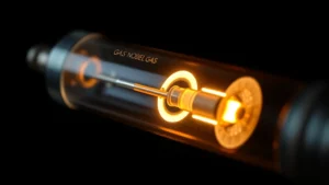 Close-up of a gas discharge tube component showing internal electrode structure and noble gas glow against dark background, professional industrial photography with shallow depth of field, no text or labels visible