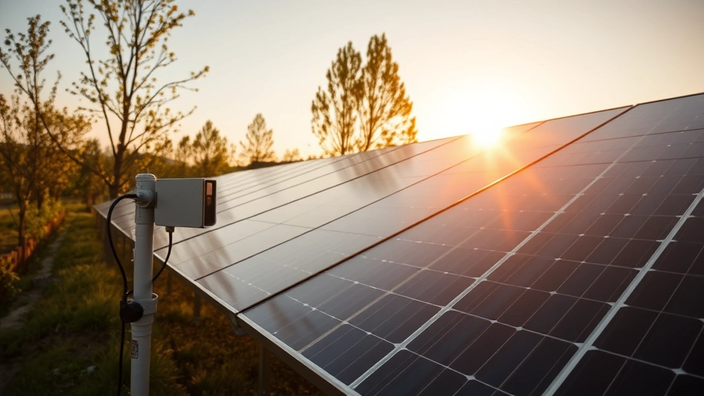 Modern renewable energy solar panel array installation with protection equipment visible, golden hour sunlight, showing sustainable technology integration in natural landscape setting, no signage or identifying text
