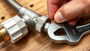 Close-up of stainless steel flexible gas connector with NPT fittings being connected to a white gas dryer inlet valve, showing proper hand-tightening technique with adjustable wrench nearby on wooden workbench surface