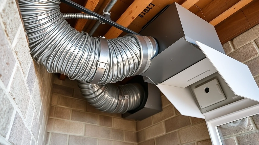 Professional metal exhaust vent ductwork running through a basement toward exterior wall, showing rigid aluminum ducting secured with metal hose clamps, terminating in outdoor vent hood with damper visible, natural lighting