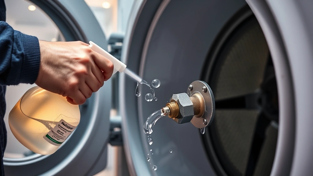 Technician performing soapy water leak test on gas dryer connections, spray bottle creating bubbles at fitting joints, close-up showing inspection technique with warm lighting in laundry room setting