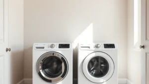 Modern laundry room with both gas and electric dryer models side-by-side, neutral background, bright natural lighting, clean minimalist design, no visible text or labels on appliances