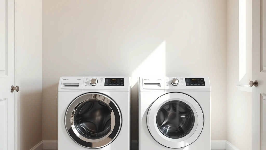 Modern laundry room with both gas and electric dryer models side-by-side, neutral background, bright natural lighting, clean minimalist design, no visible text or labels on appliances