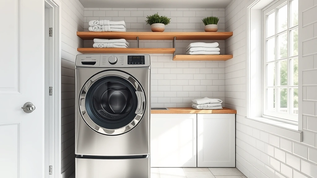 Modern stainless steel gas dryer in a bright laundry room with natural light from windows, white subway tile walls, wooden shelving with folded towels, minimalist eco-conscious aesthetic, photorealistic