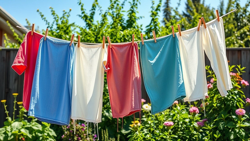 Clothesline with wet clothes hanging outdoors in sunny backyard, green plants and flowers in background, blue sky, sustainable laundry drying method, natural light, photorealistic