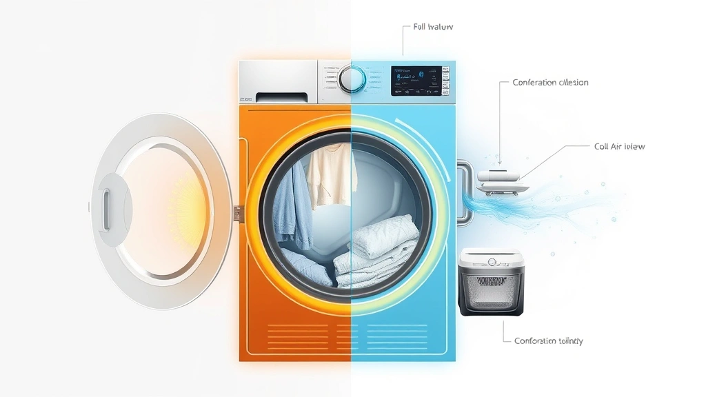 Cross-section diagram visualization showing heat pump dryer technology with warm and cool air circulation, clothes tumbling in drum, condensation collection system, sustainable appliance innovation, clean technical aesthetic, photorealistic