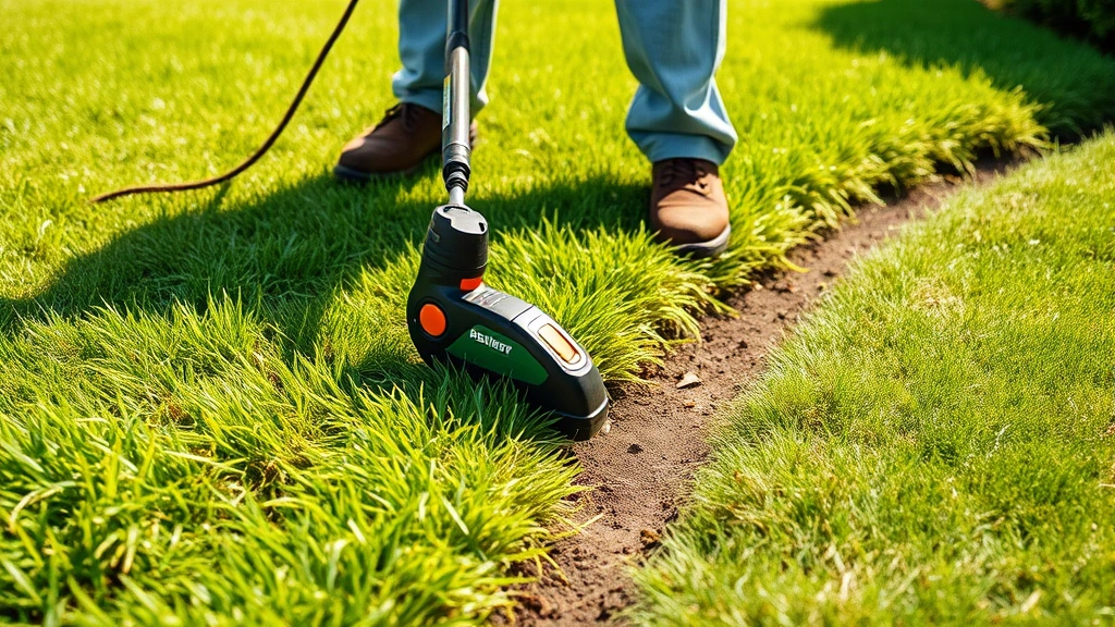 Close-up of professional landscaper using a modern battery-powered electric edger on a residential lawn edge, showing precise cutting line with vibrant green grass and clean soil boundary, natural sunlight, no people visible from shoulders up
