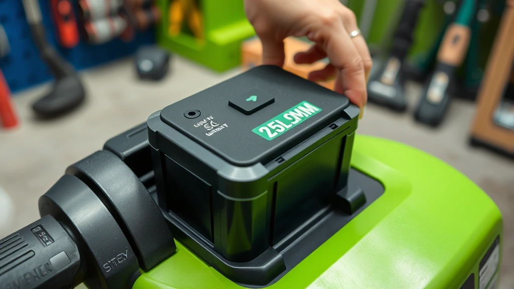 Detailed shot of lithium-ion battery pack being inserted into electric lawn edger, showing modern battery technology, professional equipment setting, workshop environment with tools visible, emphasis on sustainable technology advancement