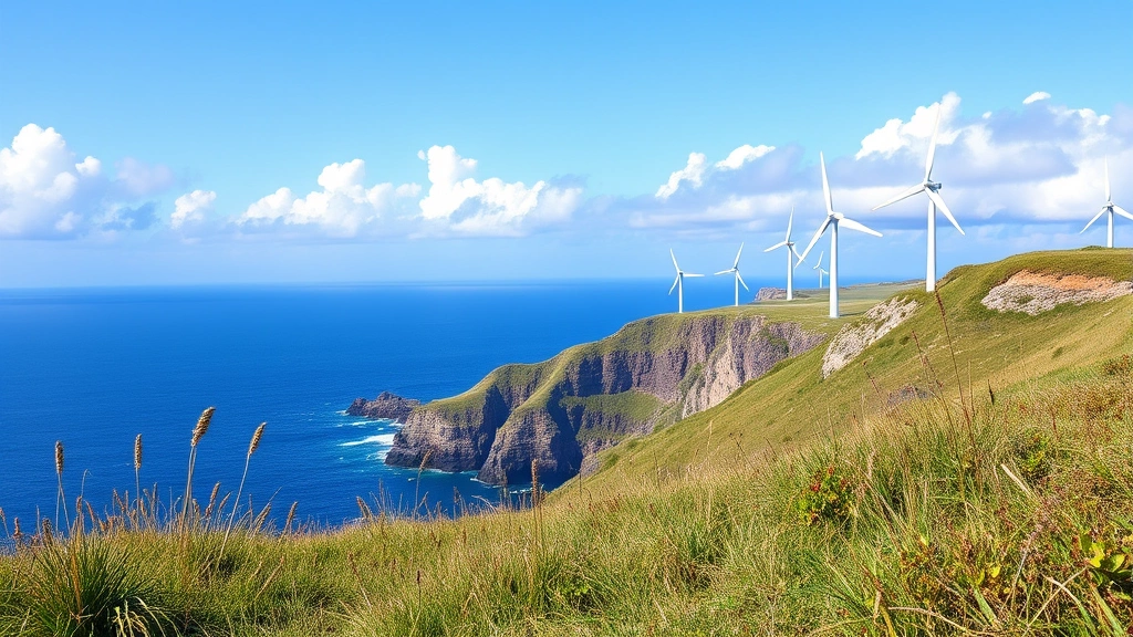 Wind turbines on coastal cliffs overlooking blue ocean with white clouds, natural landscape with green grass and wild vegetation in foreground, clean renewable energy infrastructure, no text visible