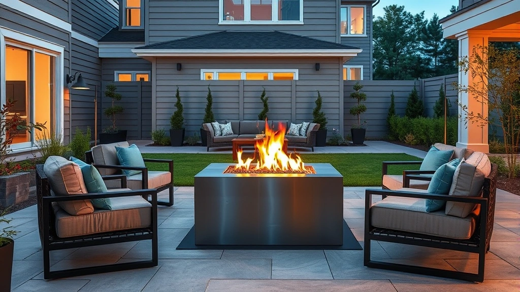 Modern stainless steel gas fire pit in a contemporary backyard patio setting with comfortable seating arranged around it, evening ambient lighting, clean design, photorealistic