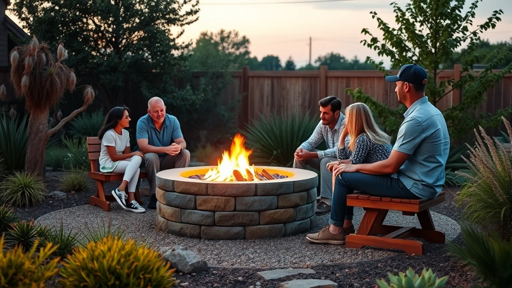 Family gathered around an outdoor gas fire pit in a well-maintained garden space with native plants, evening gathering, warm ambiance, sustainable landscape design, photorealistic
