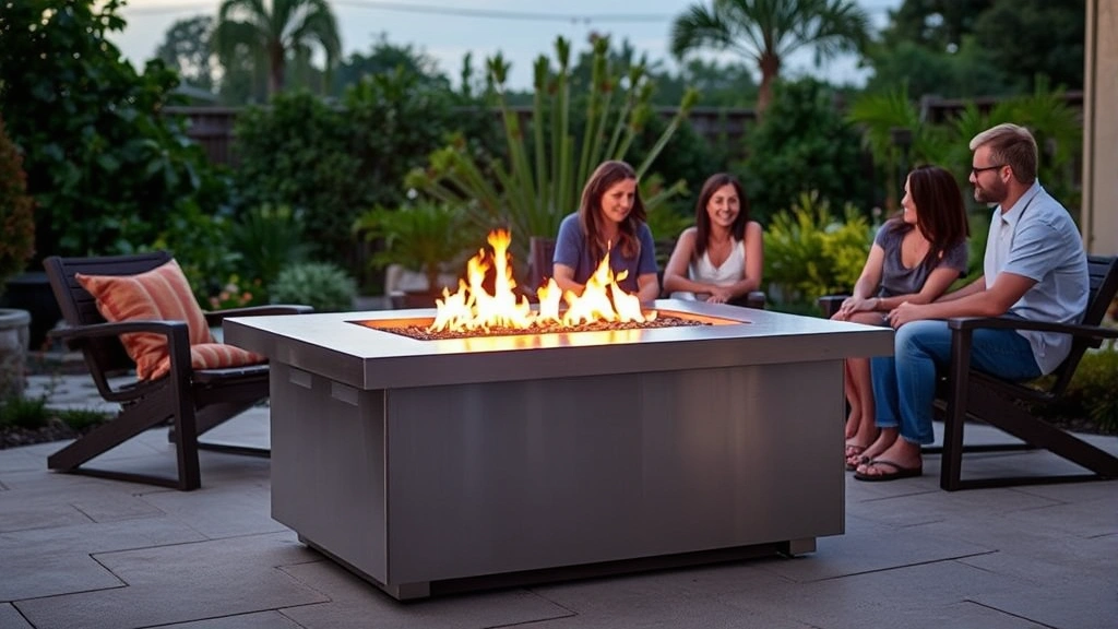 Modern stainless steel gas fire pit table in a backyard setting during evening, warm flames visible, family gathering around it, lush green landscaping in background, natural lighting, no text or labels