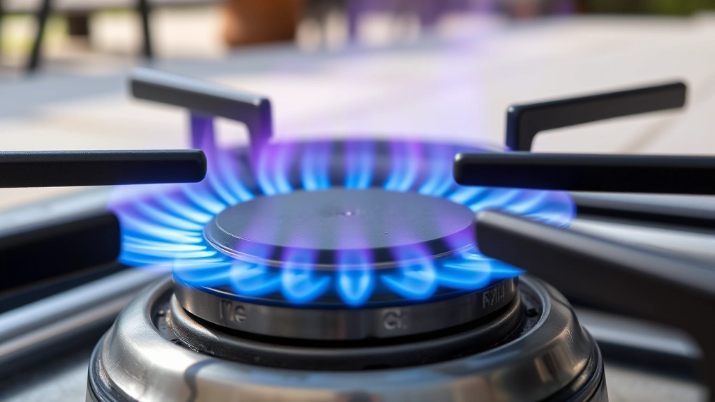 Close-up of efficient gas burner mechanism with blue flame, showing clean combustion, metal components, outdoor patio surface, daylight, professional quality, no visible text