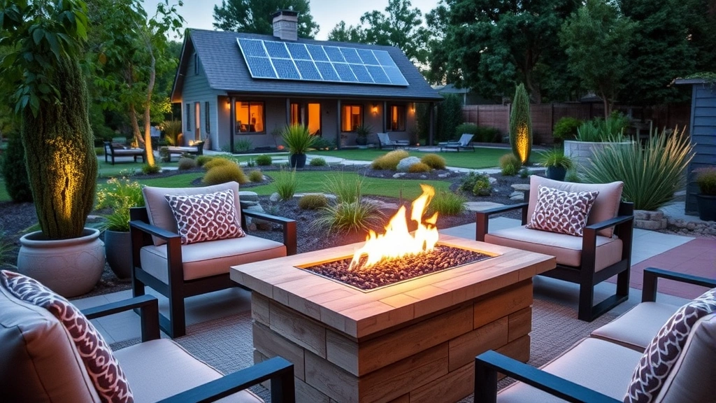 Eco-conscious outdoor living space with gas fire pit table, solar panels visible on house in background, sustainable landscaping with native plants, evening ambiance, no signage or text visible