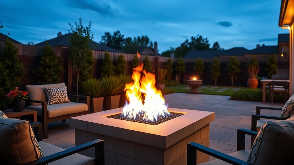 Modern gas fire pit burning with blue flames in a spacious backyard patio surrounded by comfortable seating and lush green plants at dusk, realistic outdoor setting with natural lighting